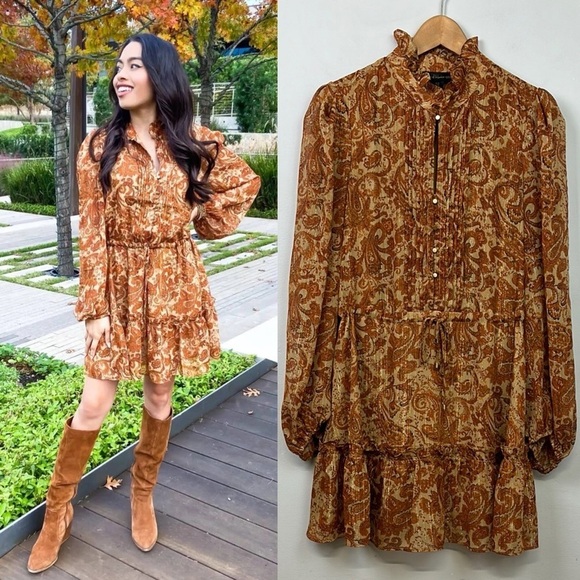 House of Harlow 1960 Paisley Orange/Tan Drawstring Waist Dress Sz 8 - Picture 1 of 11